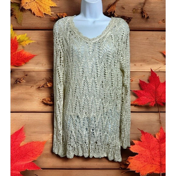 Emma James Cream Crochet Blouse Sz XL Long-Sleeve Lined Top V-Neck - Picture 1 of 6